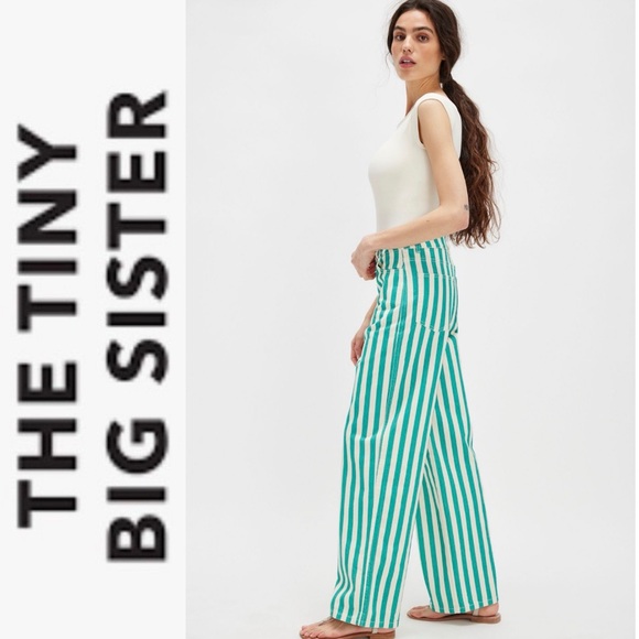 NWOT FP x The Tiny Big Sister Berta Green/White Stripe Long Jeans - Picture 2 of 13